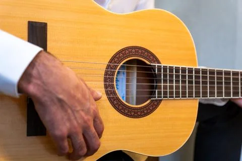 Classical guitar close up in studio Stockfoto's