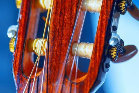 Classical guitar headstock with nylon strings Stock Photos