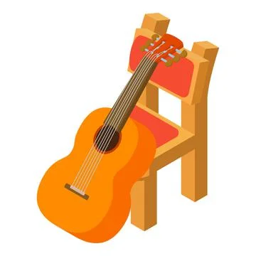Classical guitar icon isometric vector. Stringed musical instrument near chair Illustrazione stock