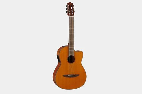 Classical guitar isolated on white background close up. Acoustic six-string Stock Photos