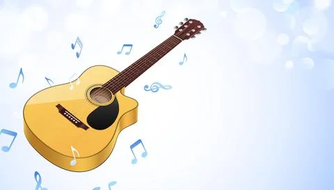 Classical guitar with music notes flying on a blue bokeh sky background Illustrazione stock