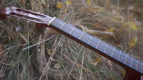 Classical guitar in the shadow lies in the grass Stock Footage 94710530