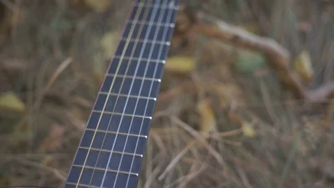 Classical guitar in the shadow lies in the grass Stock Footage 94710569