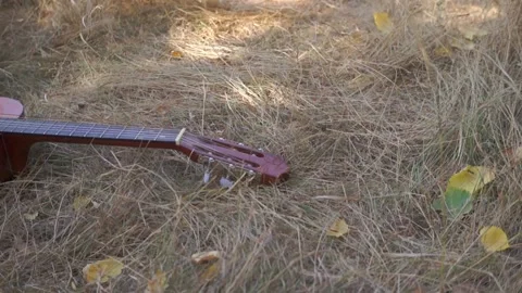 Classical guitar in the shadow lies in the grass Stock Footage 94710602