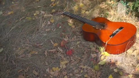 Classical guitar in the shadow lies in the grass Stock Footage 94710754