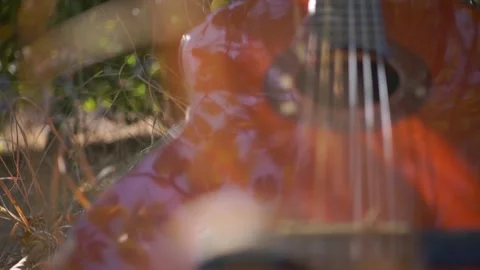 Classical guitar in the shadow lies in the grass Stock Footage 94710930