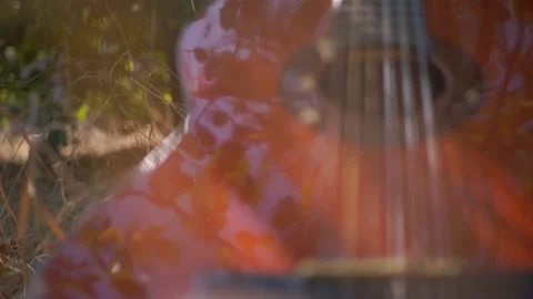 Classical guitar in the shadow lies in the grass Stock Footage 94710989