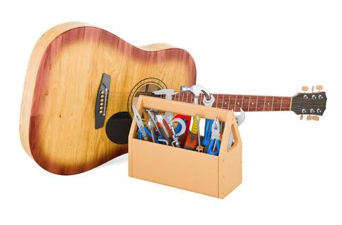 Classical guitar with toolbox. Service and repair of wooden guitar, 3D render Stock Illustration