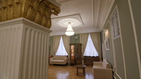 Classical hall with sofas cabinets and columns at theater Stock Footage 170905797