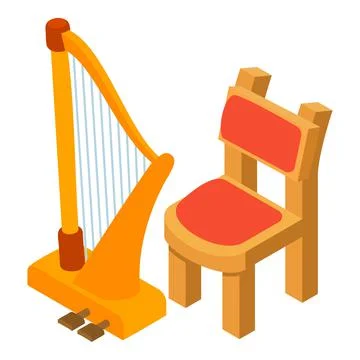Classical harp icon isometric vector. Stringed musical instrument near chair Stock Illustration
