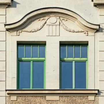 Classical house windows with greeb frame, Germany Stock Photos