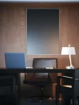 Classical interior with workplace and black canvas. 3d rendering Иллюстрация