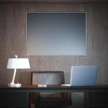 Classical interior with workplace and black big canvas. 3d rendering 库存插图