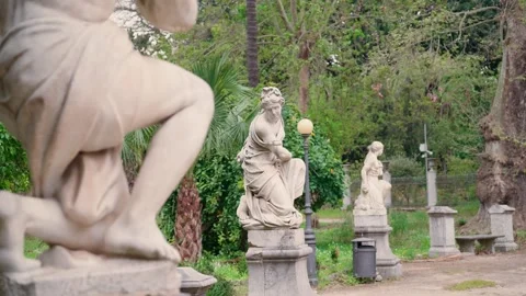 Classical Marble Statues Line A Garden Path In Palermo's Villa Giulia Stock Footage 341465692