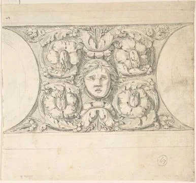Classical Molding with Human Head, Leaves, Vines and Empty Roundels (recto).. Stock Illustration