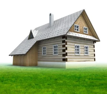 Classical mountain cabin with grass on white background illustration Ilustración de archivo