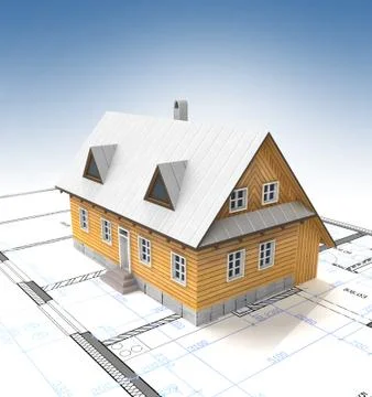 Classical mountain cottage with layout plan and clear sky illustration Stock Illustration