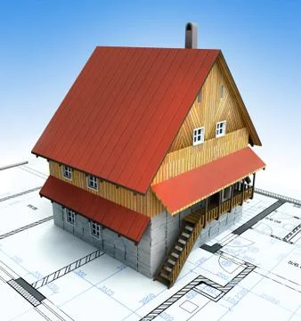 Classical mountain house with layout plan and blue clear sky illustration Stock Illustration