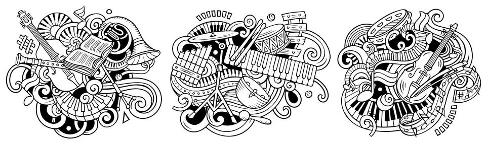 Classical music cartoon vector doodle designs set Stock Illustration