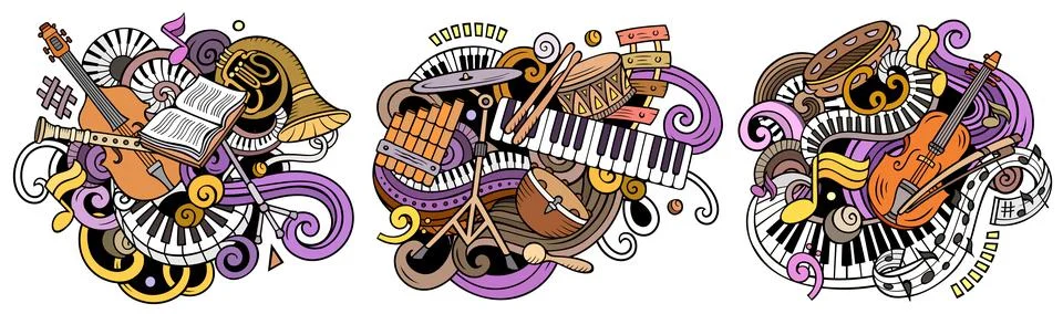 Classical music cartoon vector doodle designs set Stock Illustration