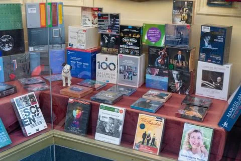 Classical Music CD and DVD Collection Display with Box Sets in a Vintage Shop Stock Photos