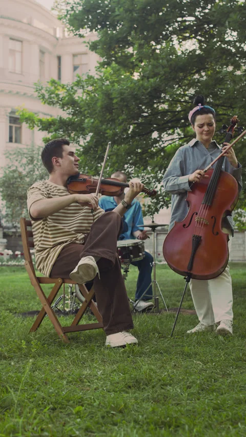 Classical Music Group Giving Live Performance in Park Stock Footage 280686442
