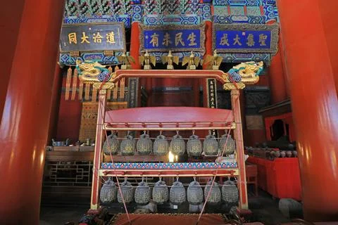 Classical musical instruments in Dacheng Hall of Confucius Temple. Stock Photos