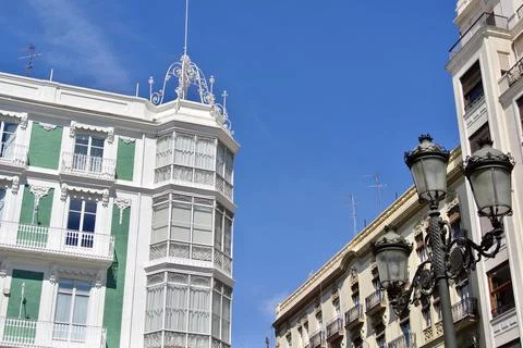 Classical old-fashioned buildings of vibrant colours in Valencia, Spain Spa.. Stock Photos