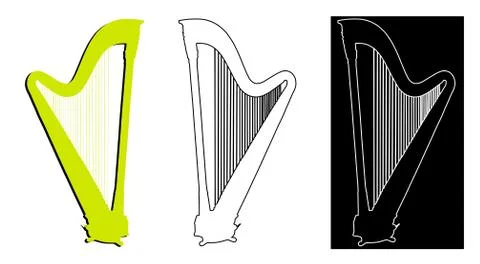 Classical orchestral pedal harp, vector color and monochrome contour on white Illustrazione stock