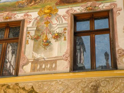 Classical painted wall of building with opened windows Stock-Fotos