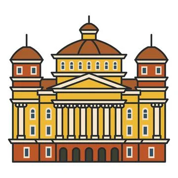 Classical palace building with columns and domes. Flat cartoon style with b.. Ilustración de archivo
