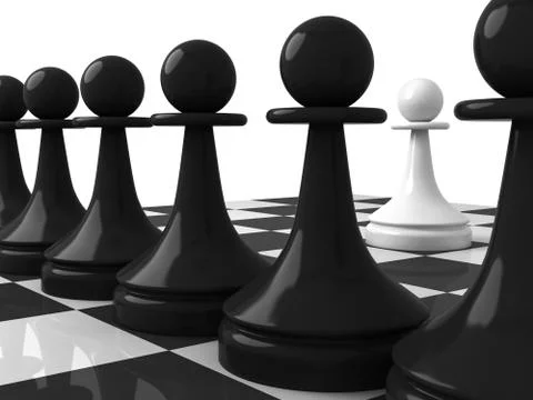 Classical shape chess pieces: one white pawn opposite black pawns on the ches 库存插图