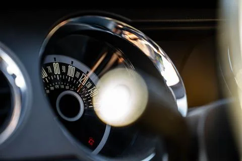 Classical speedometer on a Ford Mustang. Stock Photos