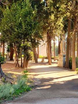 Classical Statue in Sunny Garden Path Stock Photos