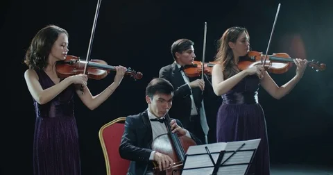 Classical string quartet during the performance of the symphony, abstract black Stock Footage 85045732