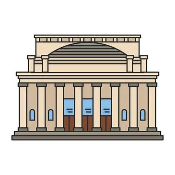 Classical theater building with large dome and colonnade facade. Flat outli.. Ilustración de archivo