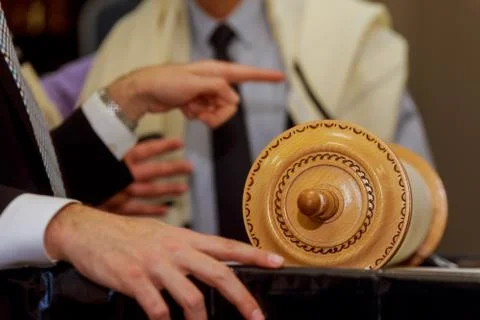 Classical Torah scrolls in religious services in a synagogue, especially duri Stock Photos
