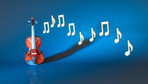 Classical violin with notes on a blue background Illustrazione stock