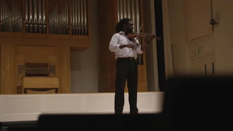 Classical Violinist Playing Under a Spotlight in a Concert Hall Stockbeeldmateriaal 208733330