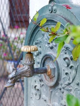 Classical water tap in shape of bird in the public space of Saint Lary Soul.. Stock Photos