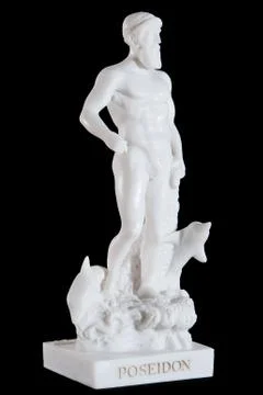 Classical white statuette of Poseidon isolated on black background 스톡 사진