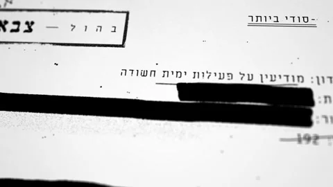 Classified censored looking document in Hebrew with Top Secret label on header Stock Footage 306373475