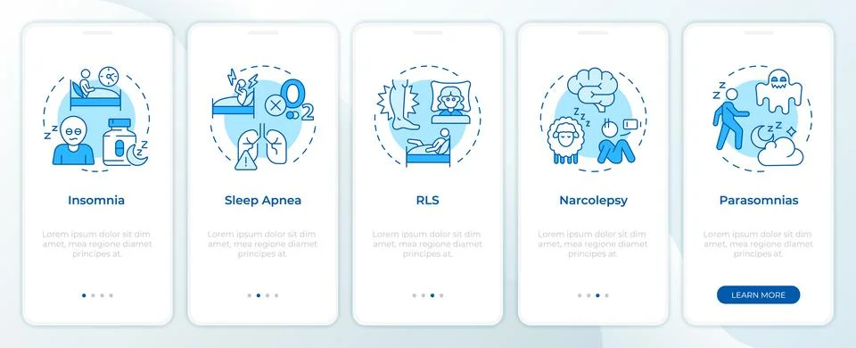 Classifying various sleep disorders blue onboarding mobile app screen Stock Illustration