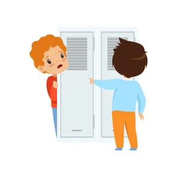 Classmate mocking a boy who hiding behind the door, bad behavior, conflict Illustrazione stock