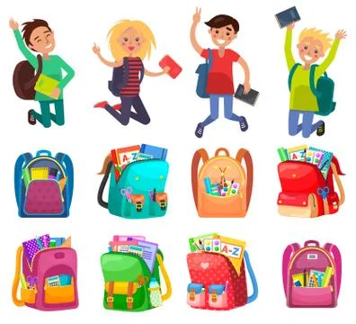 Classmates and Backpack, School Object Vector Stock Illustration