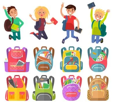 Classmates and Backpack, School Object Vector Stock Illustration