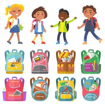 Classmates and Backpack Sticker, School Vector Stock Illustration