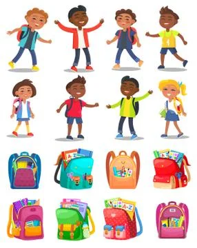 Classmates and Backpack Sticker, School Vector Stock Illustration