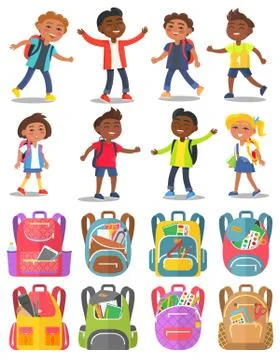 Classmates and Backpack Sticker, School Vector Stock Illustration