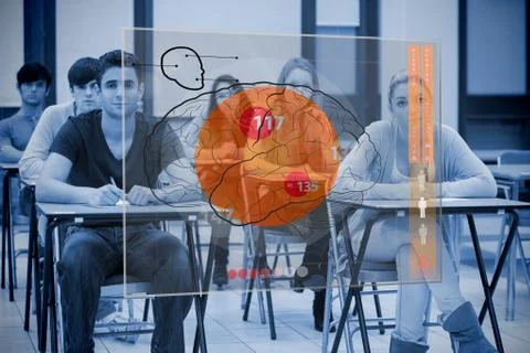 Classmates concentrated on futuristic interface with brain Illustrazione stock